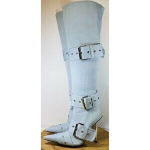 CALECHIE DENIM Pointy Toe Multi Buckle Straps High Heel Over Knee Boots SZ 7